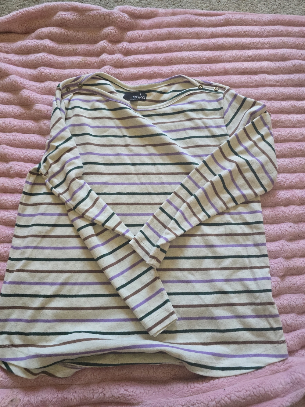 Erika Cream Long Sleeve Crewneck Top with Purple & Green Stripes